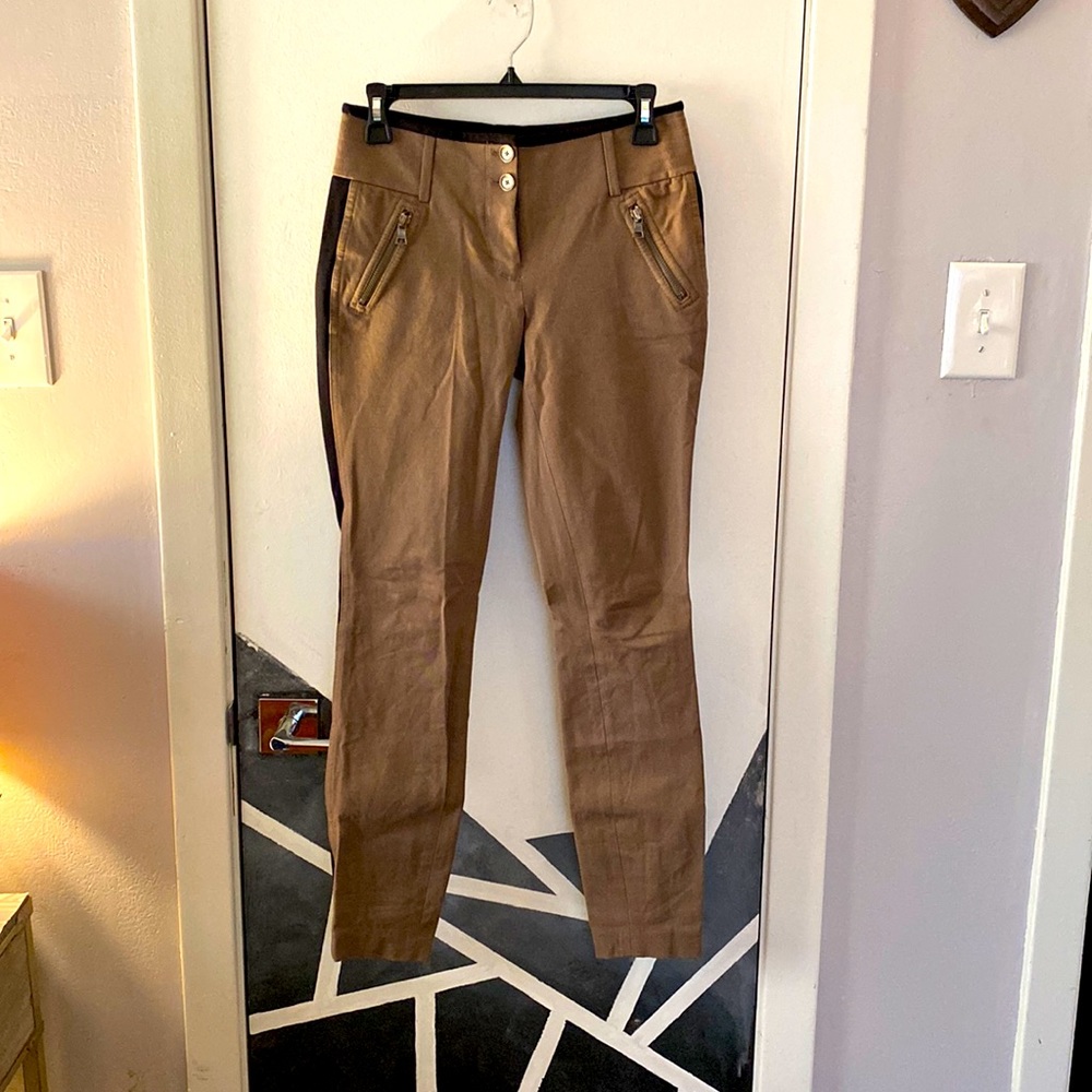 Express Militant Khakis with Black Stripe, zippers, and intricate waist seams